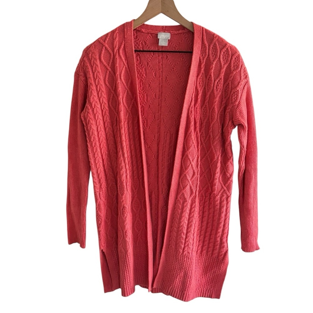 Chico’s Open Front Cable Knit Cardigan Sweater Size S Cashmere Wool Blend Cozy